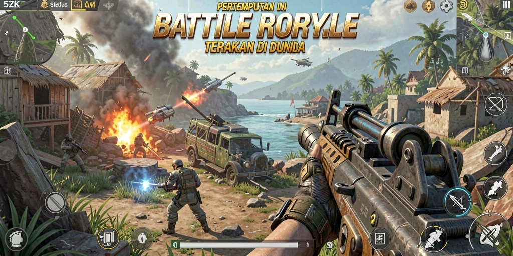 Screenshot gameplay 5ZK menampilkan pertempuran intens di arena Battle Royale.