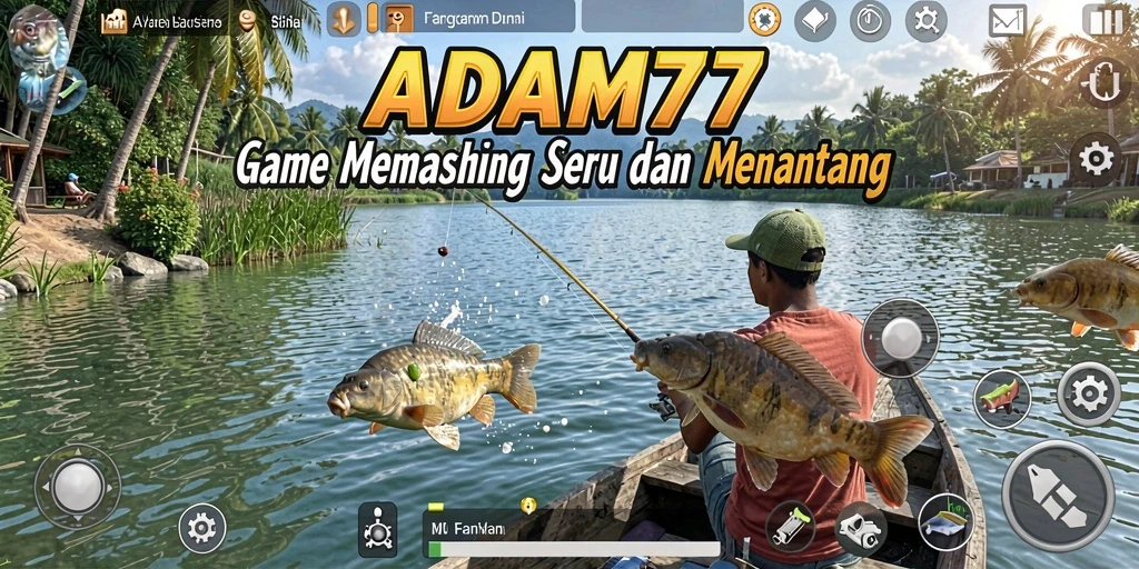 Tampilkan gameplay seru ADAM77 saat memancing di danau yang indah.
