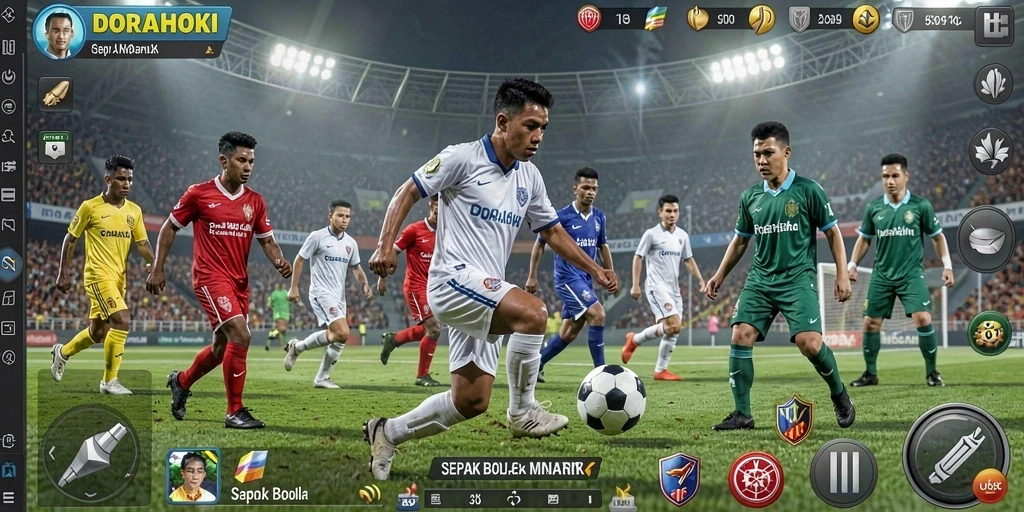 Tampilan gameplay DORAHOKI dengan aksi sepak bola yang mendebarkan.