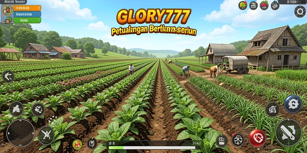 Screenshot gameplay menunjukkan kebun hijau yang subur di GLORY777.
