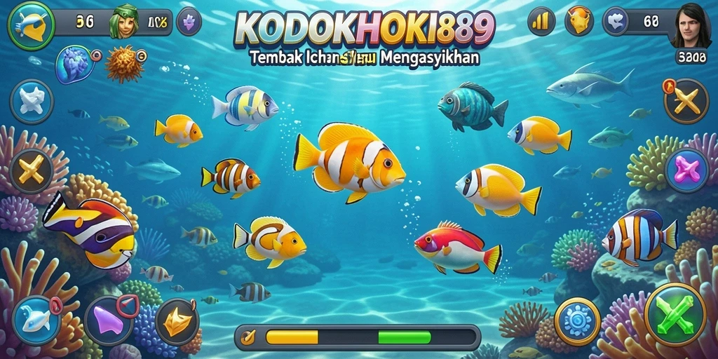 Screenshot menampilkan gameplay KODOKHOKI889 dengan aksi tembak ikan yang seru.