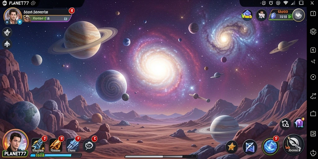 Tangkapan layar <strong>PLANET77</strong> menampilkan gameplay simulasi antarplanet yang menakjubkan.