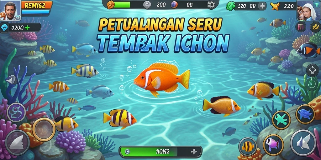 Screenshot utama REMI62 menampilkan aksi seru menangkap ikan.