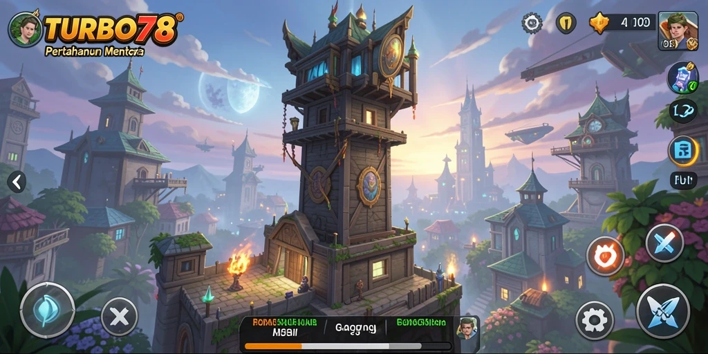 Screenshot gameplay Tower Defense TURBO78 yang intens.
